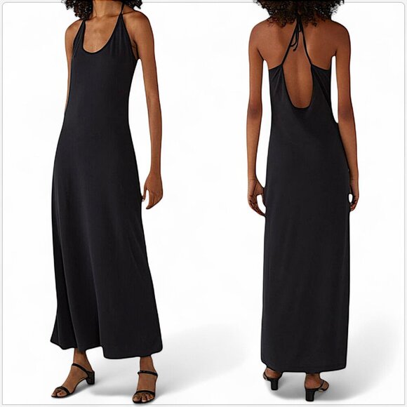 Club Monaco Long Black Sandwash Knit Maxi Stretch Open Back Dress NWT New M - Picture 1 of 5